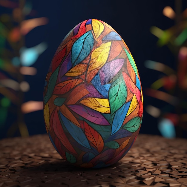 A colorful egg with leaves on a brown surface.