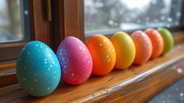 Colorful Eggs Arranged on Window Sill