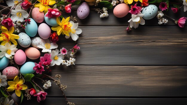 colorful eggs and flowers on a wood surface