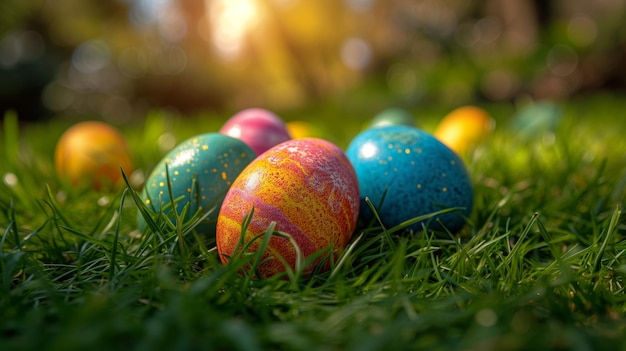 Photo colorful eggs on a lush green field