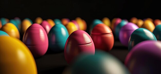 다채로운 계란은 검은 배경 앞에 앉아