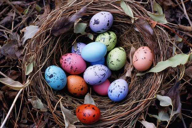 Colorful eggs in a wellcamouflaged nest created with generative ai