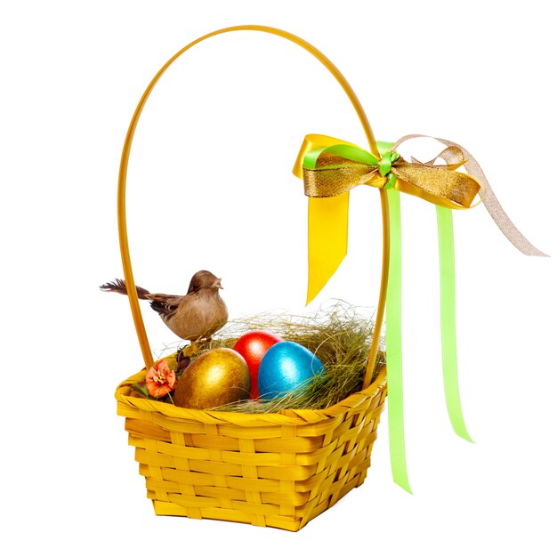 Colorful eggs in a wicker, .