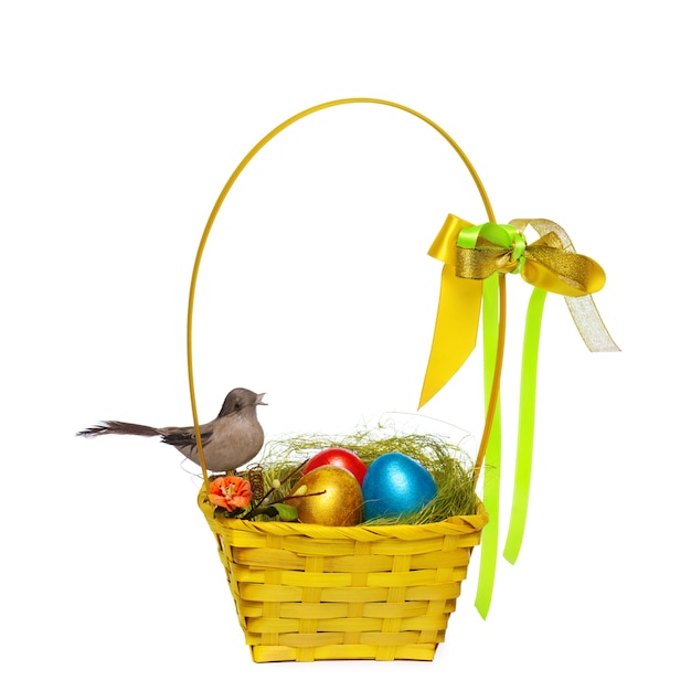 Colorful eggs in a wicker, .