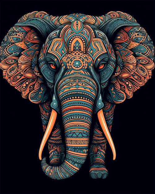 Foto illustrazione astratta colorata di un elefante isolato su sfondo nero