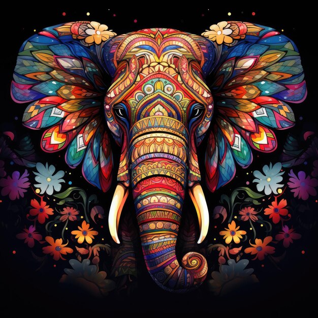 Foto arte colorata di mandala di elefante su sfondo nero stampa di design per maglietta tazza cuscino adesivo caso emblema tatuaggio ricamo e puzzle