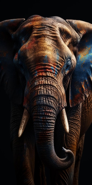 A colorful elephant with blue and red spots