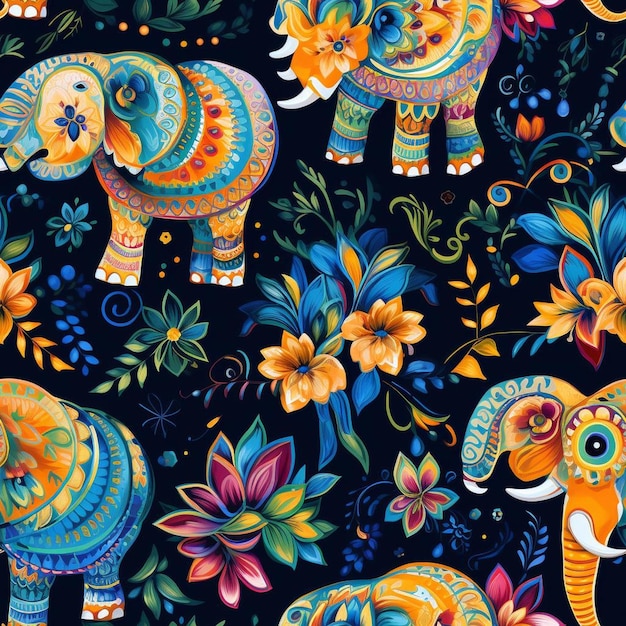 A colorful elephant with flowers on it