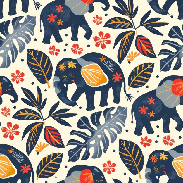 a colorful elephant with flowers and leaves on it