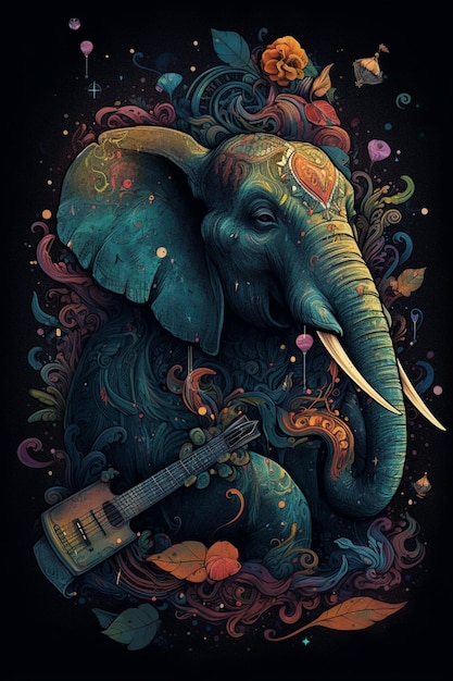 A colorful elephant with a guitar on it