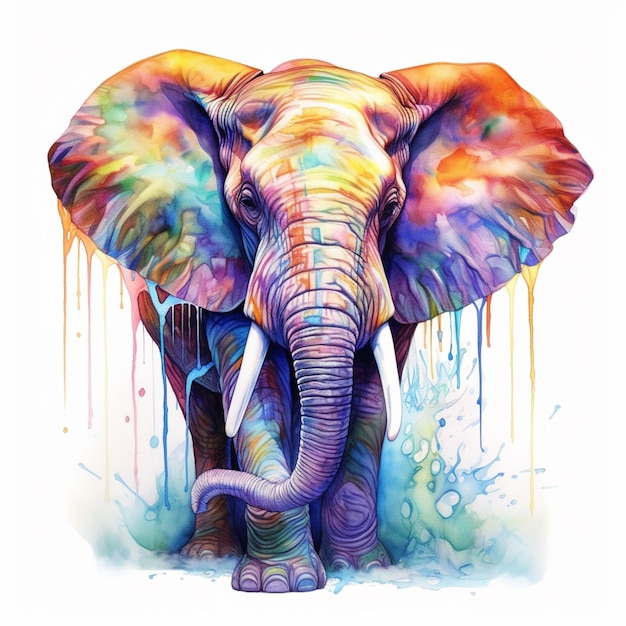 A colorful elephant with a large tusk.