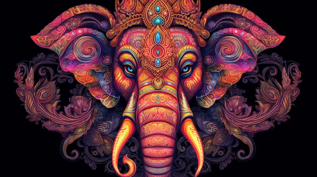 A colorful elephant with a pattern on its head