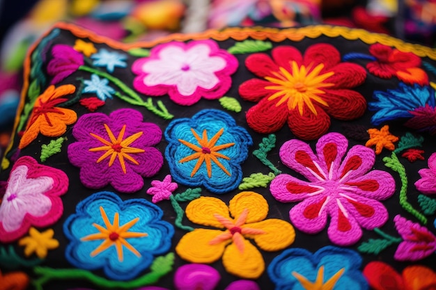 Colorful embroidery on a traditional handcraft close up solorful embroidered decorative textile from Otavalo city at the artisans market AI Generated