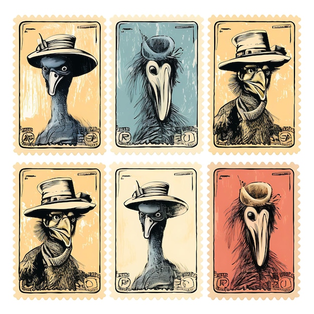 Colorful a Emu Bird With a Cowboy Suit Wearing a Hat and Holding a La Animal Stamp collection idea