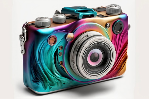 A colorful and energetic camera on a white background in the style of light skyblue and dark amber