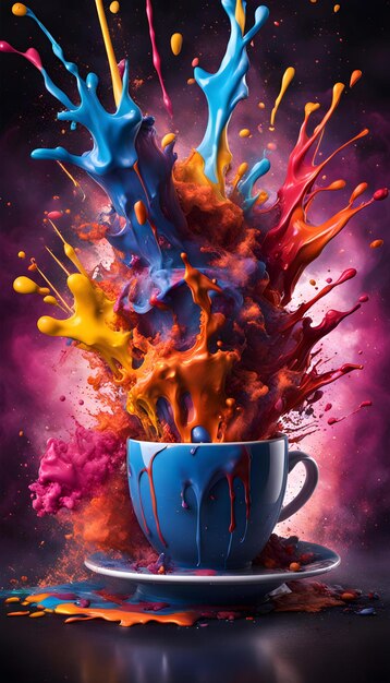 Photo colorful eruption from a simple blue cup