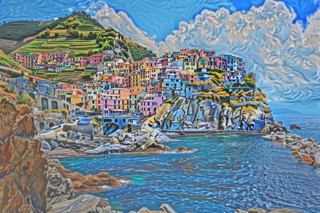 Colorful European cityscape on mountains overlooking Mediterranean Sea Cinque Terre