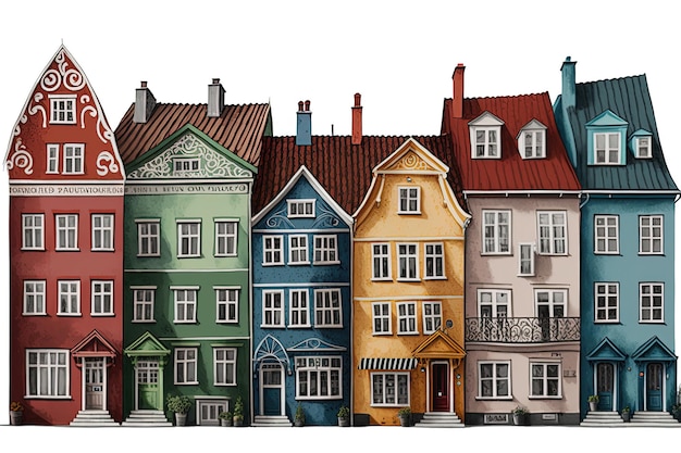 단일 행에 다채로운 유럽 주택