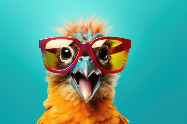 다채롭고 흥분 된 새가 파란색 배경에 세련된 선글라스를 입는다