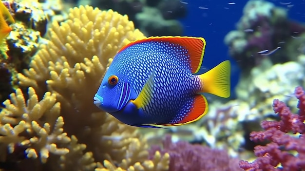 Colorful exotic blue Yellowbar angelfish with yellow spot swimming near various corals in deep clear