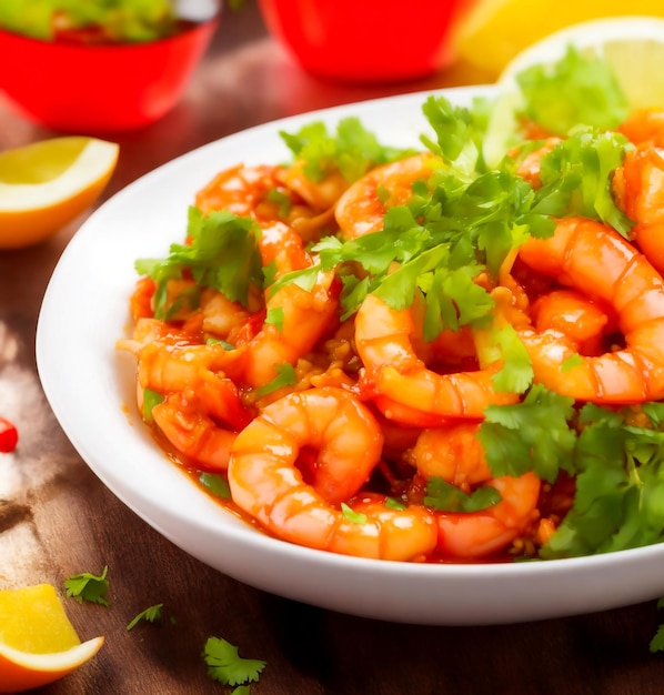 A colorful exotic dish of stirfried shrimps garnished with freshlychopped herbs