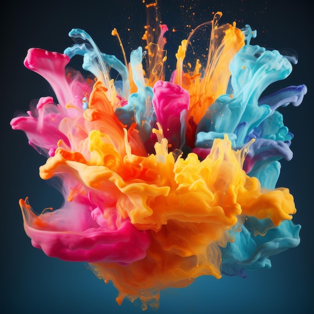 Colorful explosion of paint dynamic mix of orange pink blue ink swirl in motion vibrant chaos of