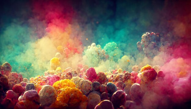 A colorful explosion of powder in a dark room