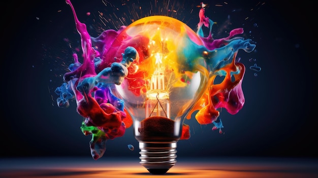 Colorful explosion of splashes emanates from a bulbshaped lamp ultra realistic illustration Generative AI Lightbulb purple splash orange blue