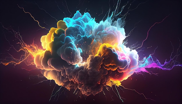 A colorful explosion with lightning bolts in the background