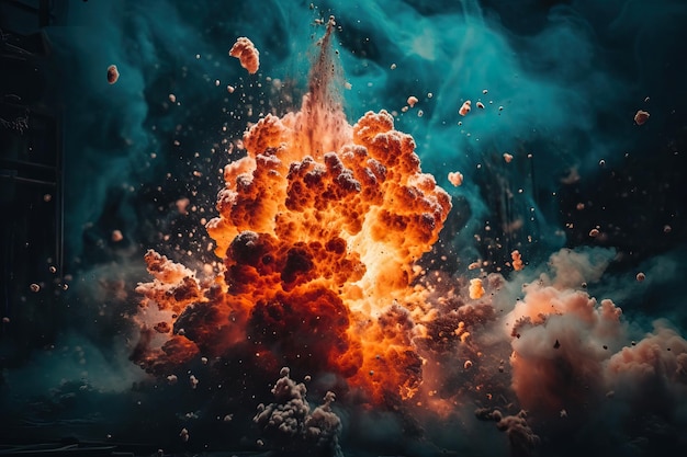 Фото Красочный взрыв с оранжево-розовым и голубым дымом, генерирующим искусственный интеллект