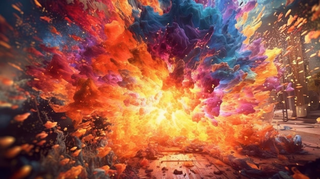 A colorful explosion with a road in the background