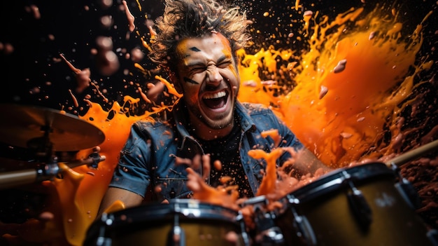 Foto esplosioni colorate batterista che suona la batteria in mezzo a una raffica di vernici vibranti ia generativa