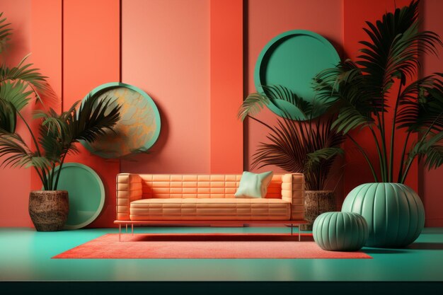 Colorful expression pop art elements in retro living room design Vintage home concept