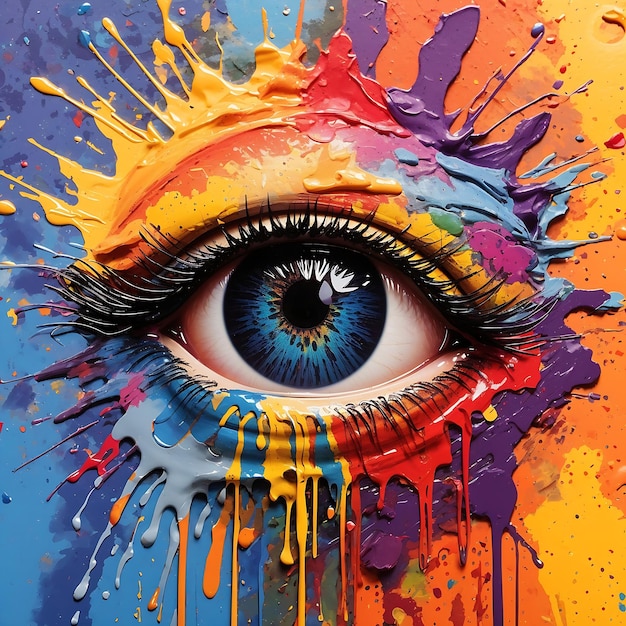 A colorful eye with paint splatters on colorful background AI generated