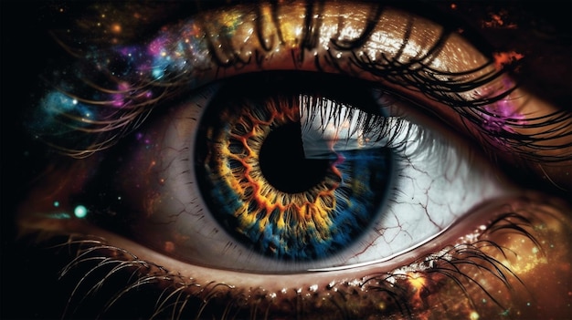 A colorful eye with a rainbow colored pupil