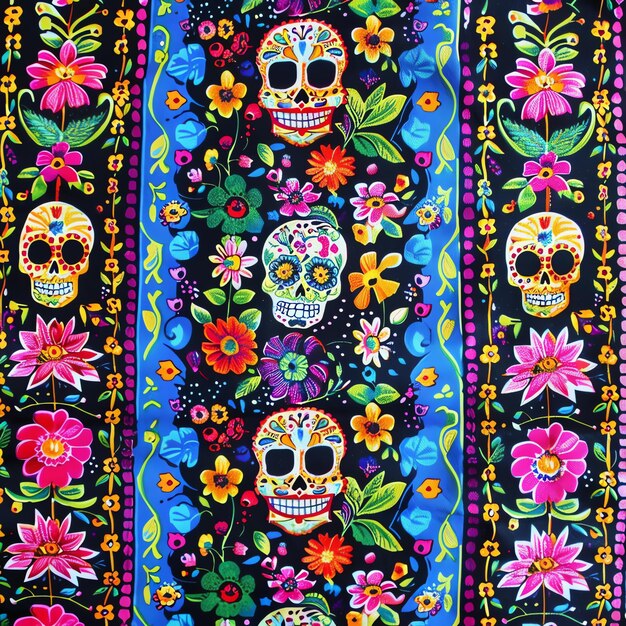 Colorful fabric Tela colorida mexican dia de muertos day of the dead watercolor border