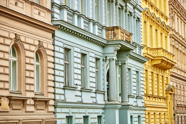 Colorful facades of historical buildings in Prague