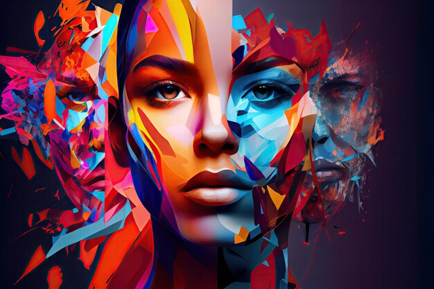 Colorful face collage illustration with blurred background for sleek and modern look