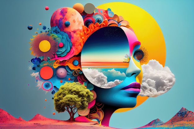 Colorful face collage illustration with whimsical dreamlike setting