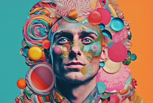 the colorful face of a man in the style of collage elements