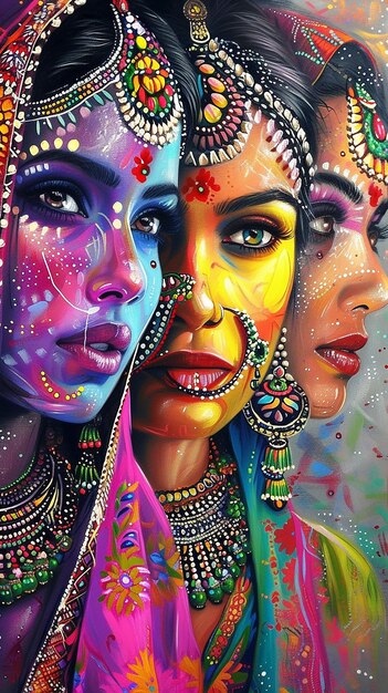 Photo colorful face of three indian woman