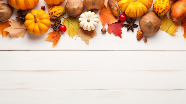 Colorful Fall Flat Lay with Pumpkins Mushrooms and Leaves