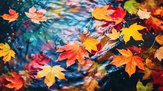 Colorful fall leaves floating in pond lake water