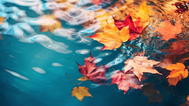 Colorful fall leaves in pond lake water floating