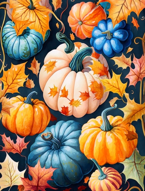 A colorful fall painting with pumpkins in the style of repeating pattern vibrant watercolor