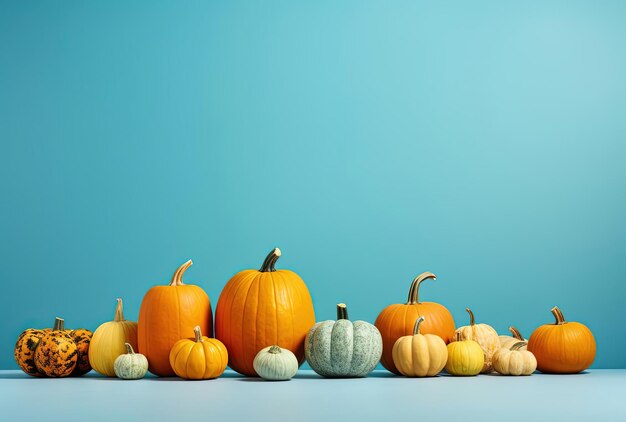 colorful fall pumpkins and squash on blue background