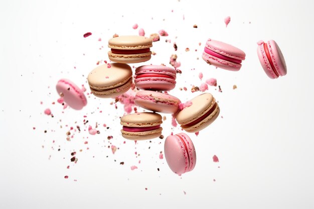 Colorful falling macarons dessert on white background