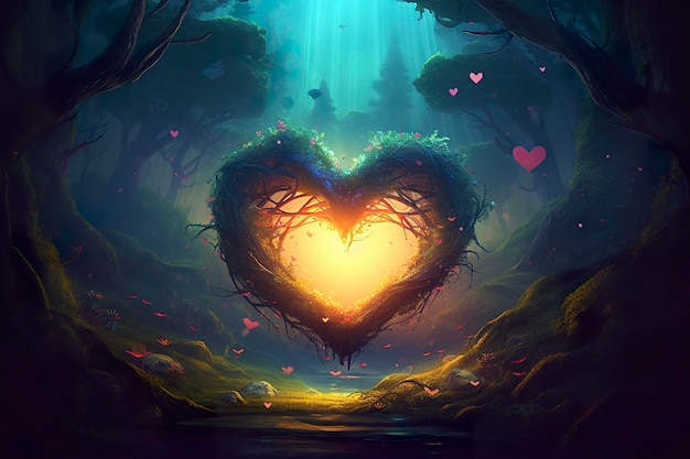 Colorful fantasy heart light beam green forest field Generative AI