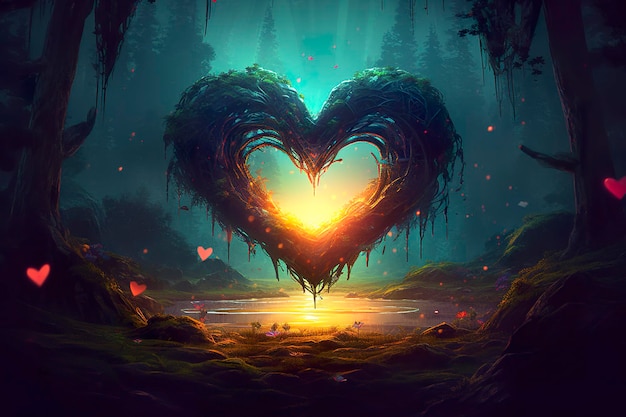 Красочное фэнтезийное сердце, луч света, зеленый лес, поле, Генеративный ИИ