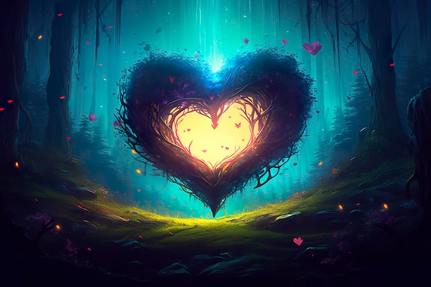 Красочное фэнтезийное сердце, луч света, зеленый лес, поле, Генеративный ИИ